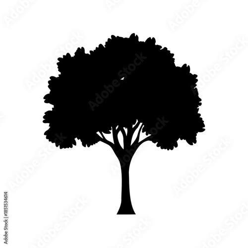 Vector tree silhouette with green leaves and a sturdy trunk isolated on white, symbolizing natural growth and environmental design within a lush summer landscape illustration