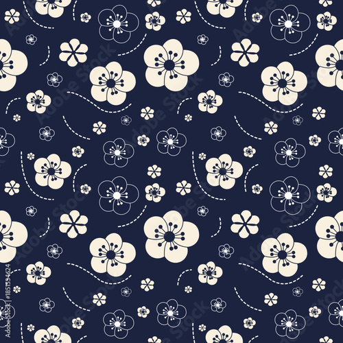 Seamless vector pattern of Japanese cherry blossoms against a dark blue background, perfect for digital and print design applications