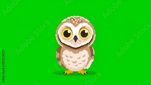 Cute animated cartoon owl with big eyes on green background.