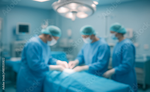 Three surgeons in blue scrubs and masks focus intently on a patient under bright operating room lights, conveying a scene of precision and care.