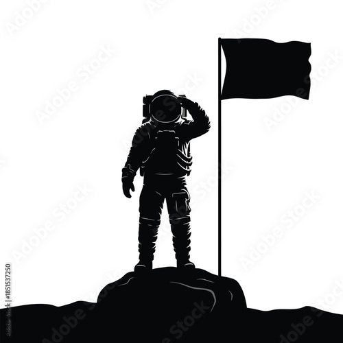 Silhouette astronaut saluting flag on rocky surface against white background space exploration