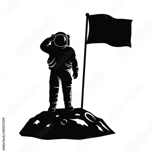 Silhouette astronaut saluting on moon surface with flag space