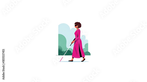 blind woman walking with white cane accessibility illustration