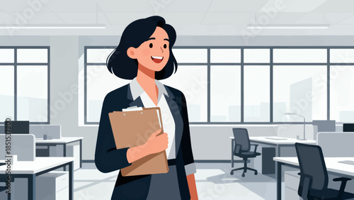 A woman is standing in a cubicle with a clipboard in her hand. She is smiling and she is happy