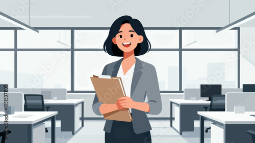 A woman is standing in a room with a clipboard in her hand. She is smiling and she is happy