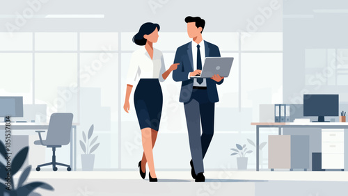 A man and a woman are walking in a business setting. The man is holding a laptop and the woman is wearing a skirt