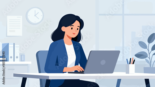 A woman is sitting at a desk with a laptop in front of her. She is typing on the laptop and she is focused on her work. The scene suggests a typical workday