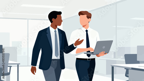 Two men in suits are standing in a room, one of them holding a laptop. Concept of professionalism and collaboration, as the two men are likely discussing work-related matters