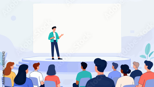 A man is standing in front of a large screen with a group of people watching him. The audience is attentive and engaged, and the man is giving a presentation. Concept of learning and collaboration