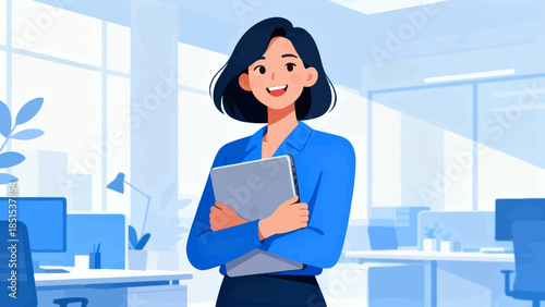 A woman is holding a laptop in a cubicle. She is smiling and she is happy