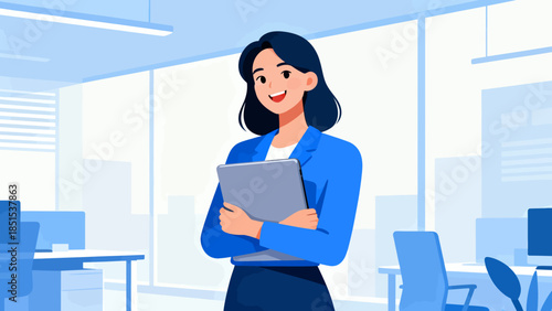 A woman is holding a tablet in a blue jacket. She is smiling and she is happy