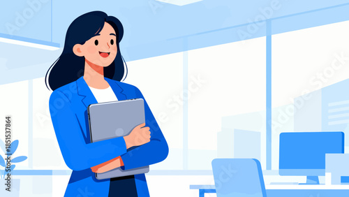 A woman is standing in front of a window with a laptop in her hand. She is smiling and she is happy