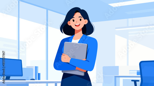 A woman is holding a laptop in a blue jacket. She is smiling and she is happy