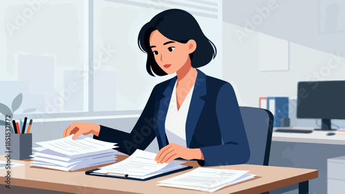 A woman is sitting at a desk with a pile of papers in front of her. She is focused on the papers and she is working. Concept of productivity and concentration