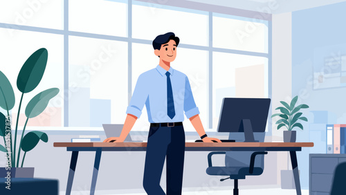 A man stands in front of a desk with a computer monitor and a potted plant. He is wearing a blue shirt and a tie. Concept of professionalism and focus