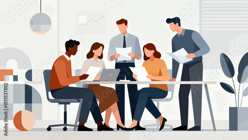 A group of people are sitting around a table in a conference room. They are all looking at their laptops and papers. Scene is focused and serious, as the people are working together on a project