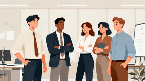 A group of people are standing in a room, with one man wearing a tie. Scene is professional and serious, as the people are dressed in business attire and appear to be discussing something important