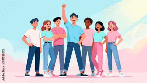 A group of people are standing together, one of them is holding a fist up. Concept of unity and teamwork