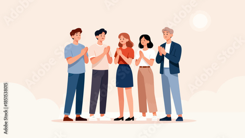 A group of people are standing together and clapping. The people are of different ages and genders. Scene is positive and celebratory