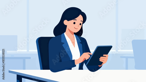 A woman is sitting at a desk and using a tablet. She is smiling and she is enjoying her work