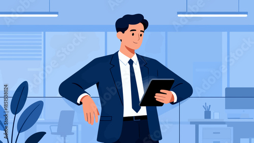 A man in a suit is standing in front of a window with a tablet in his hand. He is smiling and he is in a good mood