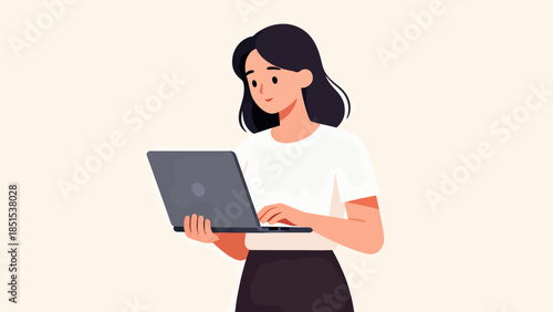 A woman is sitting in front of a laptop computer. She is typing on the keyboard and she is focused on her work. Concept of productivity and concentration