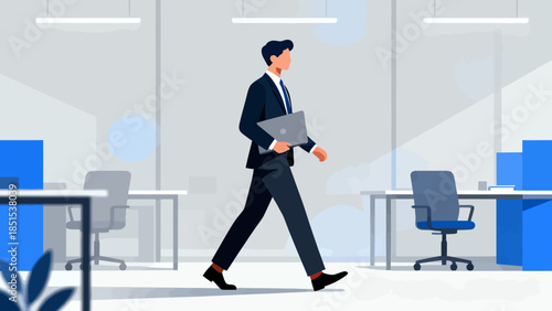 A man in a suit walks through an office with a laptop in his hand. The scene is set in a modern office with cubicles and chairs. The man is focused on his work