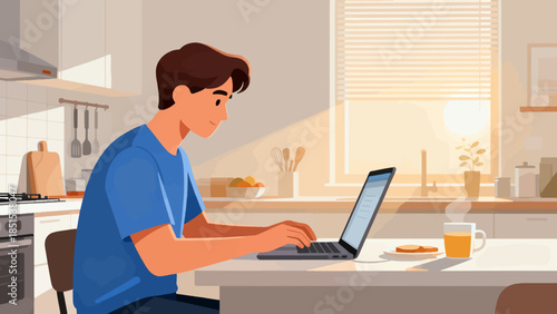 A man is sitting at a table with a laptop and a cup of coffee. He is typing on the laptop and seems to be focused on his work. Concept of productivity and concentration