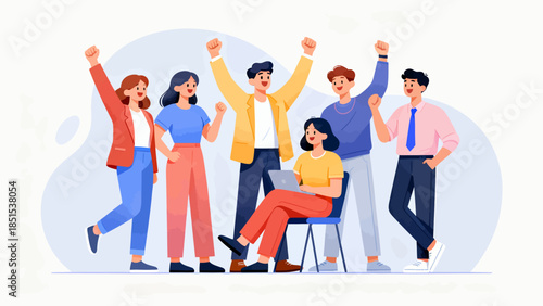 A group of people are standing and smiling, with one person sitting in a chair. Scene is happy and celebratory