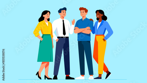 A group of four people are standing together, with one of them wearing a tie. Concept of camaraderie and teamwork, as the people are all dressed in business attire