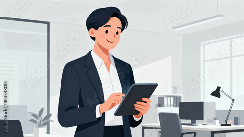 A man in a suit is smiling and holding a tablet. Concept of professionalism and productivity