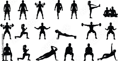 Vector collection of fitness silhouettes featuring men and women performing gym exercises, weightlifting, bodyweight workouts, and strength training for healthy lifestyle design projects