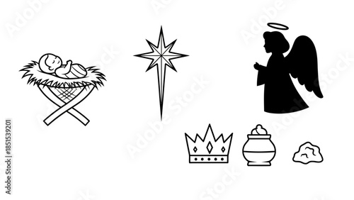 Nativity scene outline and silhouette icons set with baby jesus in manger star of bethlehem angel crown incense and myrrh religious symbols