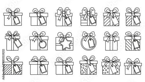 Collection of outlined gift boxes with bows and tags isolated on white background, festive wrapping for presents and celebrations, graphic design elements