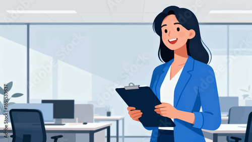 A woman is standing in a room with a clipboard in her hand. She is smiling and she is happy