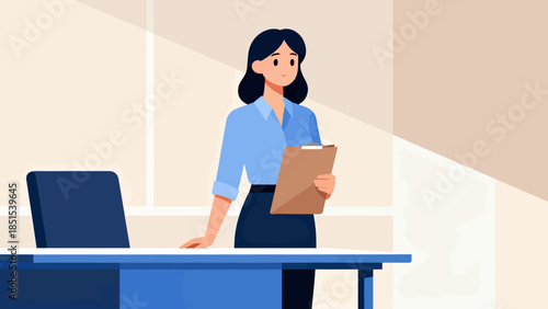 A woman is standing in front of a desk with a clipboard. She is smiling and she is happy