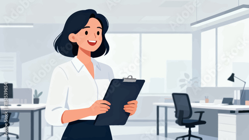 A woman is smiling and holding a clipboard in a white office. The room is clean and organized, with a few potted plants and a desk with a computer. The woman is a professional