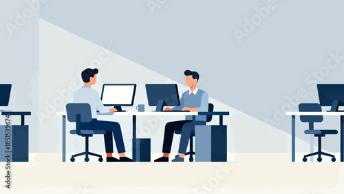 Two men are sitting at a desk in a cubicle. One of them is typing on a computer