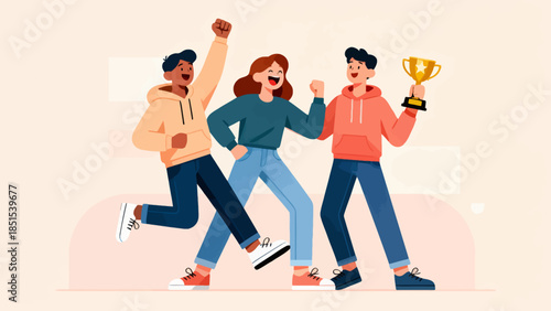 Three people are celebrating with a trophy. The man in the middle is holding the trophy. The other two people are standing behind him