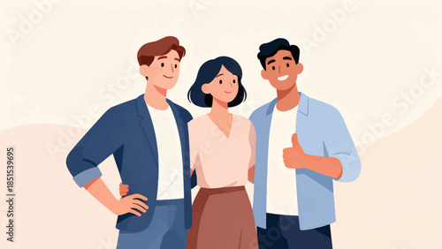 Three people are smiling and giving thumbs up to each other. Concept of positivity and camaraderie