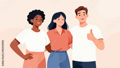 Three people are standing together and one of them is giving a thumbs up. The image has a positive and friendly vibe, showing the people enjoying each other's company