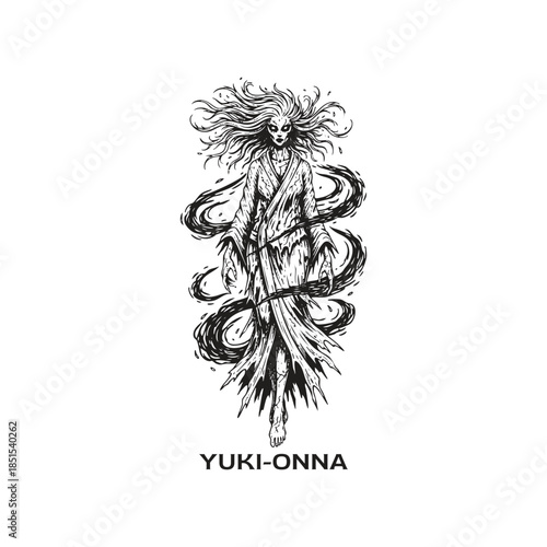 Chilling vintage etching of the Japanese yokai Yuki-onna, a spectral snow woman in tattered robes surrounded by swirling icy winds