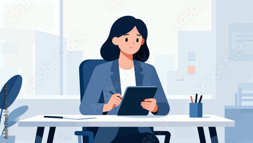 A woman is sitting at a desk with a tablet and a pen. She is writing something on the tablet