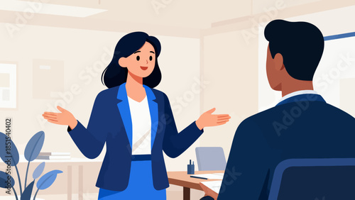 A woman and a man are having a conversation in a room. The woman is wearing a blue jacket and the man is wearing a suit. Scene is professional and serious