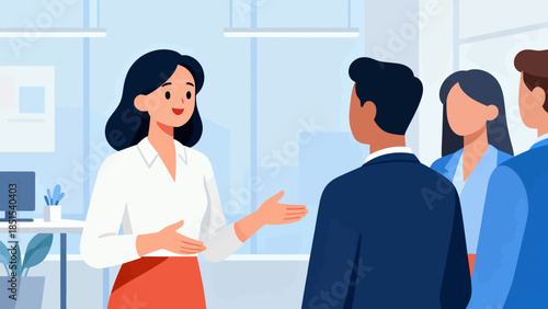 A woman is giving a presentation to a group of people. The man in the suit is listening intently. The other people in the room are also paying attention. Scene is professional and focused