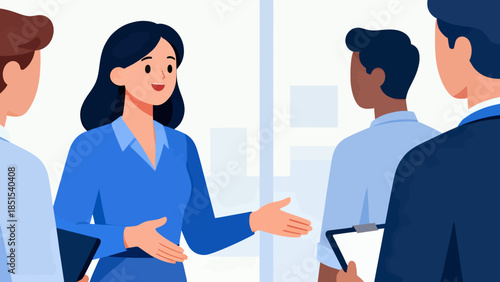 A woman is talking to a group of people. She is smiling and shaking hands with one of them. The other people are looking at her