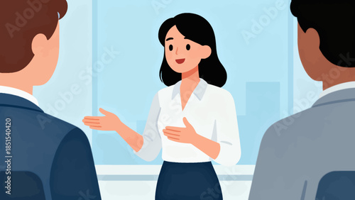 A woman is giving a presentation to a group of people. She is smiling and she is confident. The people in the audience are attentive and listening to her