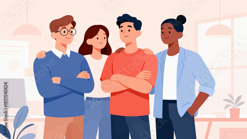 A group of people are standing together in a room. Scene is friendly and welcoming