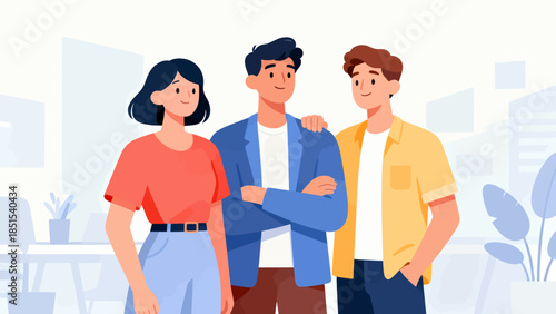 Three people are standing together in a room. One of them is wearing a red shirt. The room has a modern design with a few potted plants and a couch