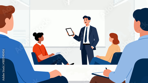 A man is giving a presentation to a group of people. The man is wearing a suit and tie, and the people are sitting in chairs. The presentation is taking place in a classroom setting